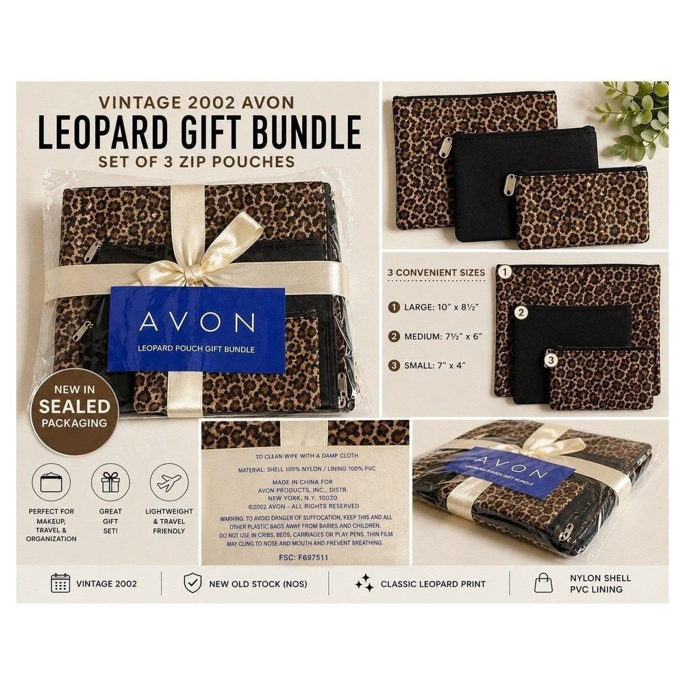 Y2K Leopard Makeup Bag Set 3pc Avon 2002 Sealed Cosmetic Pouches